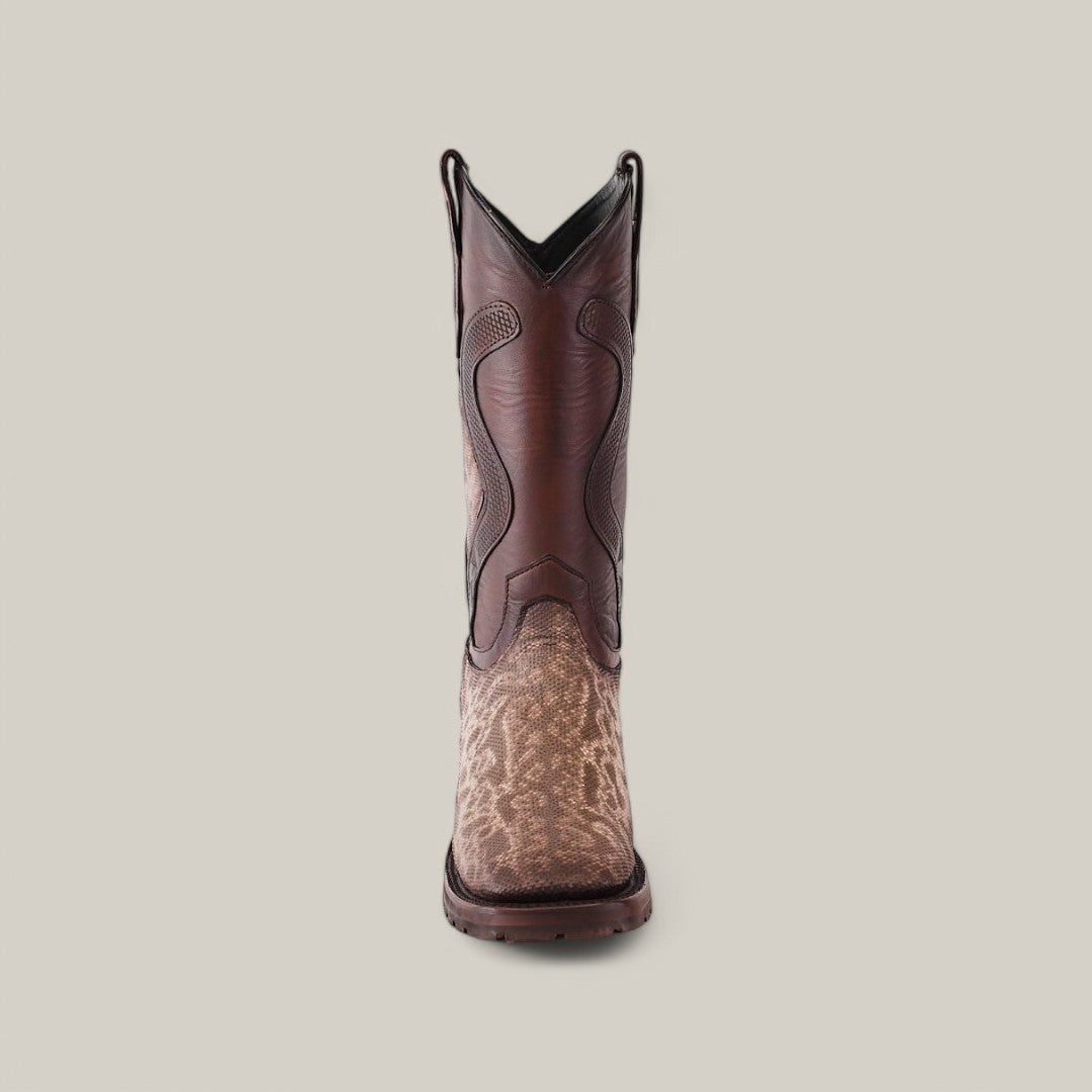 Displayed against a plain light gray background is a single Exotic Carunga - Diamond boot, exhibiting exceptional Western craftsmanship with exotic leather, rugged double sole, square toe, and intricate stitching for a classic style.