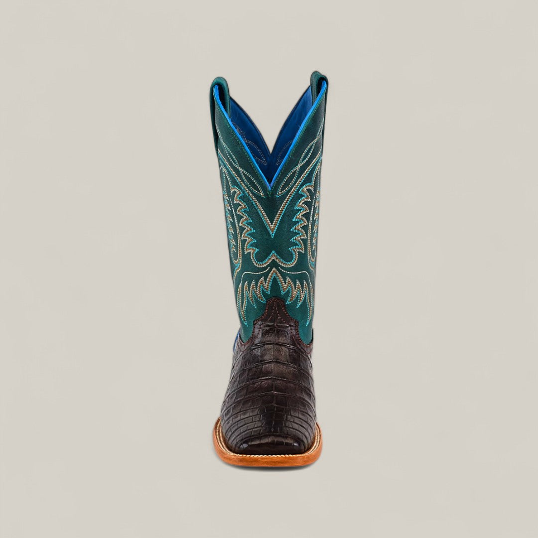 A single Exotic Caiman Horn Back - Dark Brown - Square Toe boot, featuring a textured leather foot and tall teal shaft with gold stitching, from the Platinum Collection, shown front-facing against a plain background.