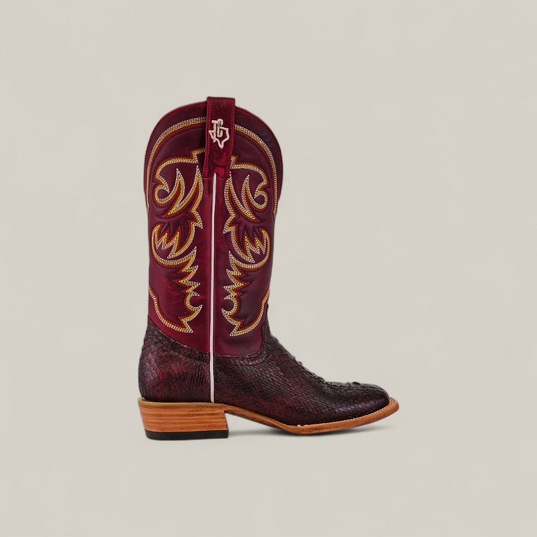 The Exotic Python - Blackcherry - Square Toe boot from the Platinum Collection, shown in side profile, features a dark textured python lower and a tall burgundy leather shaft with gold and yellow stitching on a neutral background.