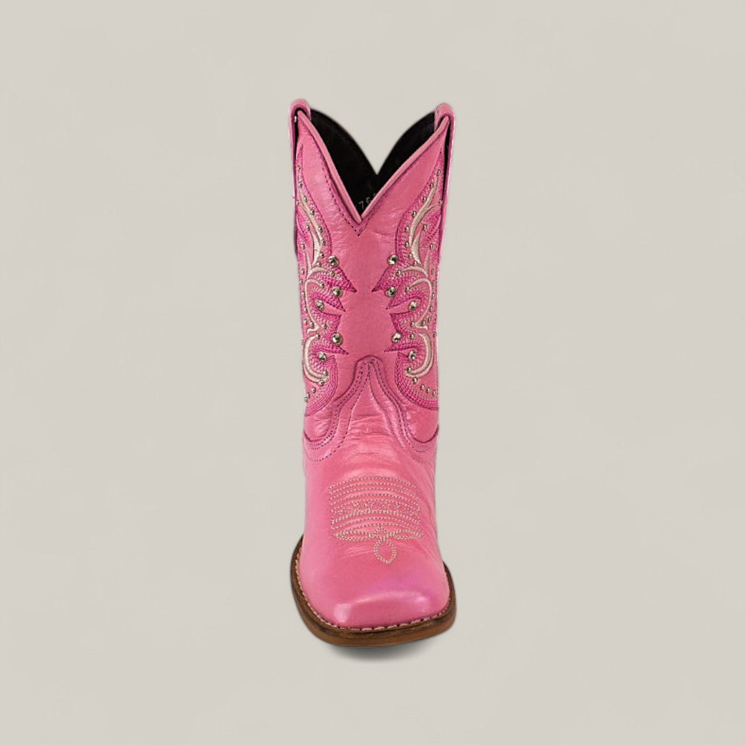 The Amara Pink - Square Toe - Kids Boots is shown upright, featuring decorative stitching and patterns, against a plain light background.