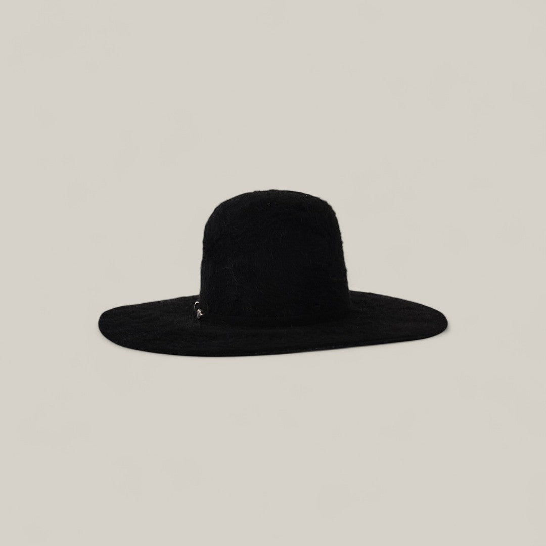 The 25X Grizzly - Black by TC Hats is a luxurious wide-brimmed black rabbit fur hat with a rounded open crown, displayed against a plain light grey background.