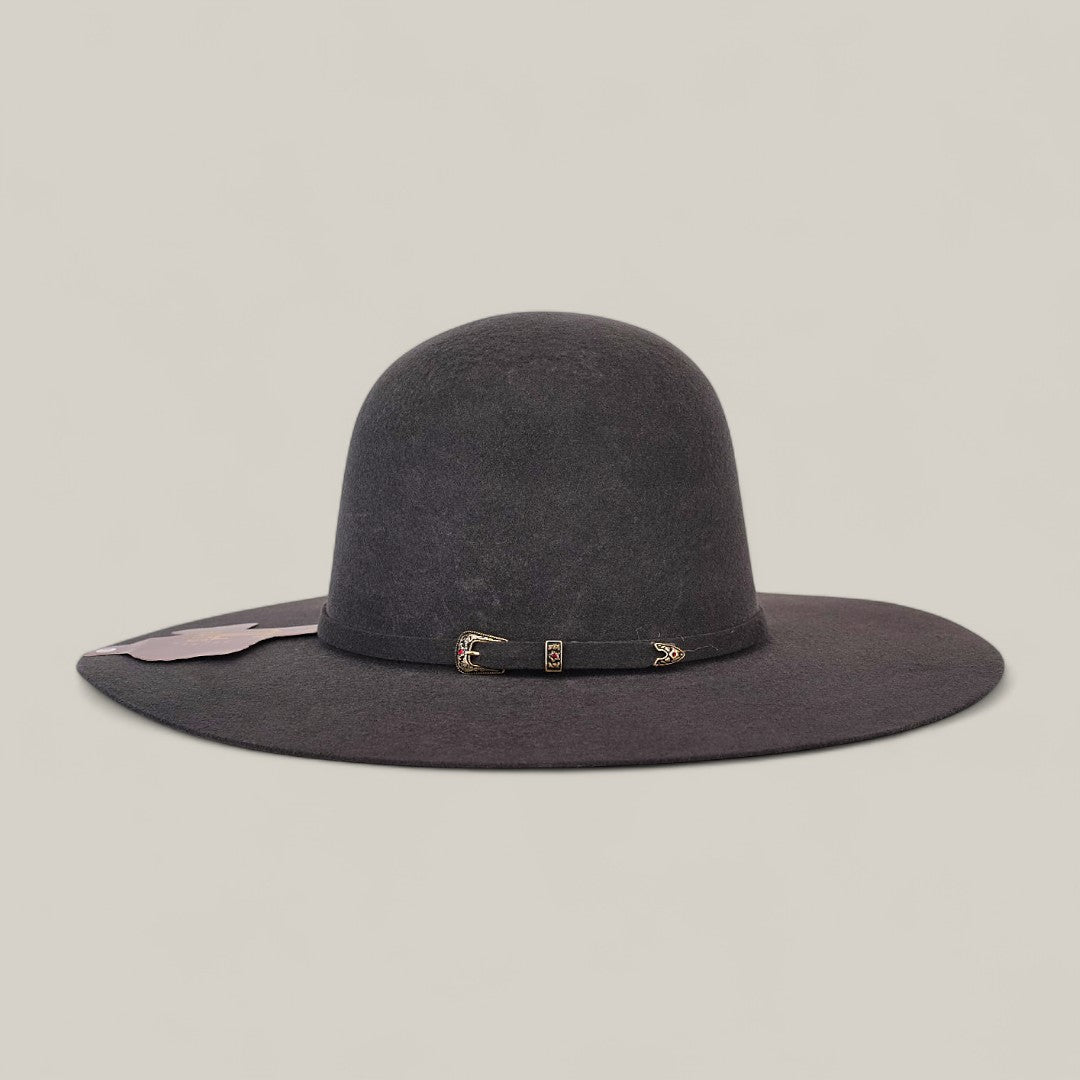 The 4X Gray - TC Hats is a wide-brimmed, dark gray Open Crown Texana felt hat with a rounded crown, featuring a thin decorative black band and small buckle, shown against a plain light background.