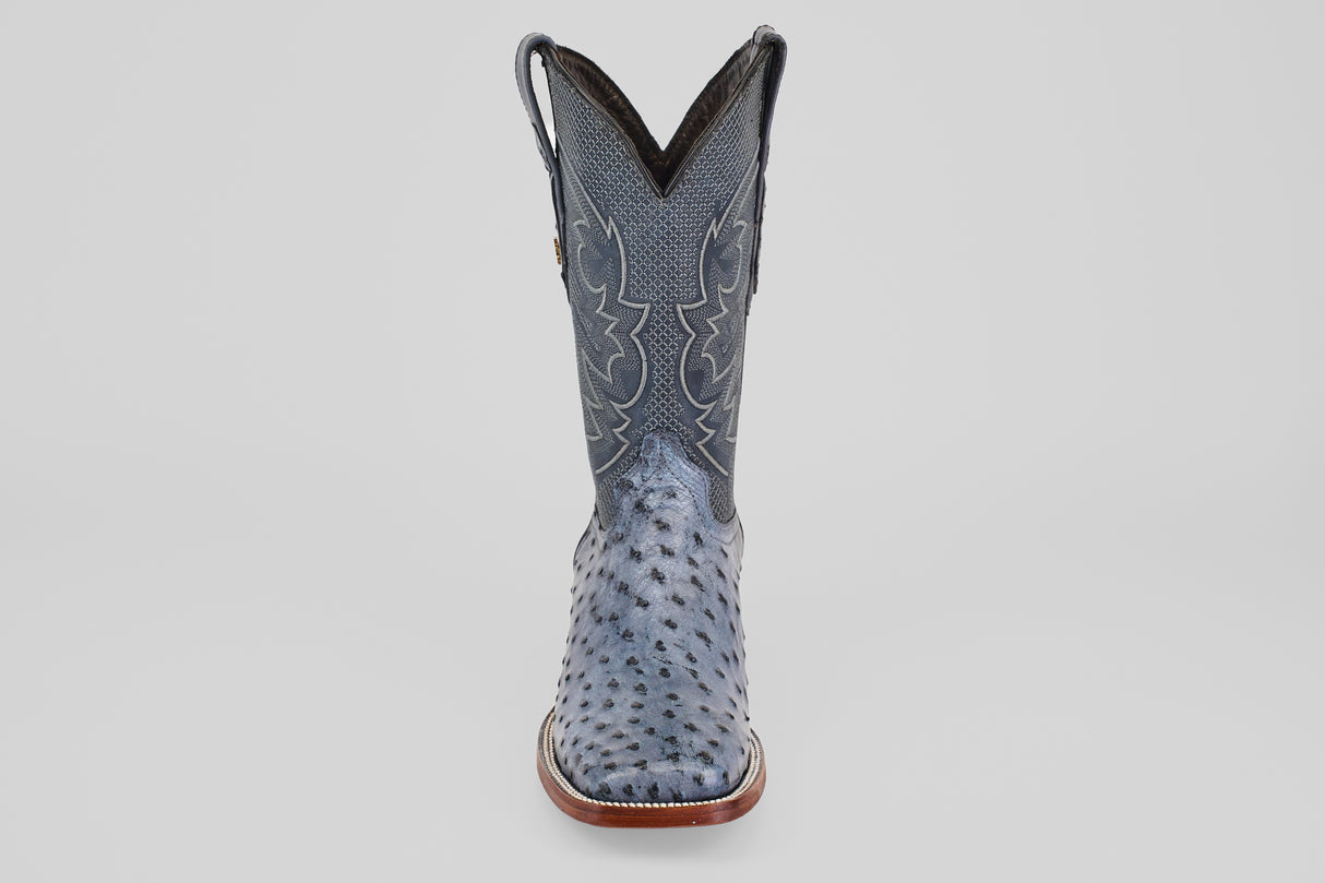 The Exotic Full Quilt Ostrich - Safari Gray - Square Toe boot is shown from the front, featuring decorative stitching, square toe, and full quill ostrich leather on a plain white background.