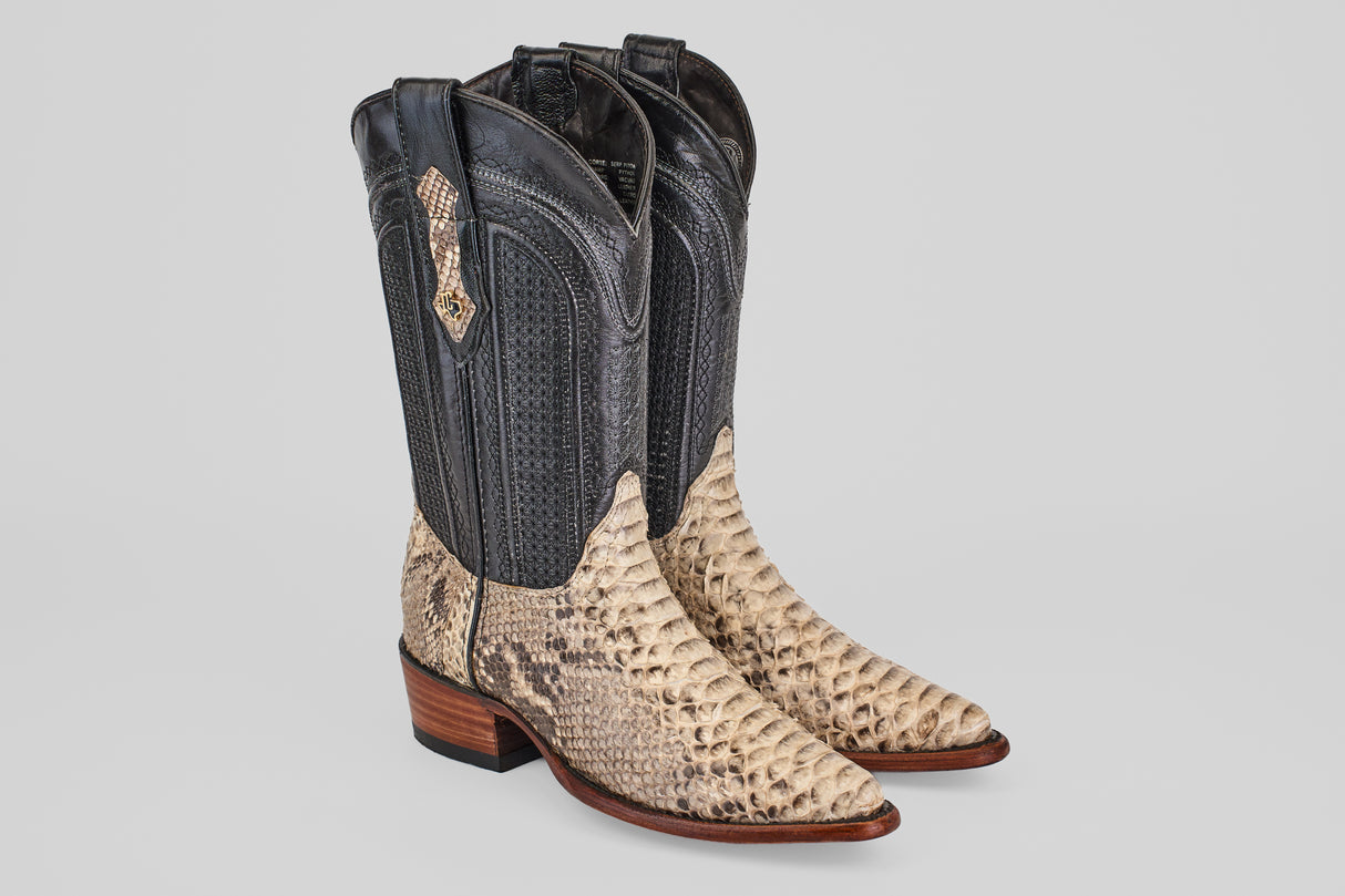 The Tanner - Natural - Snip Toe cowboy boots feature dark brown leather uppers, tan Python Natural H-82 textured lowers, snip toes, and stacked wooden heels, displayed against a light gray background.