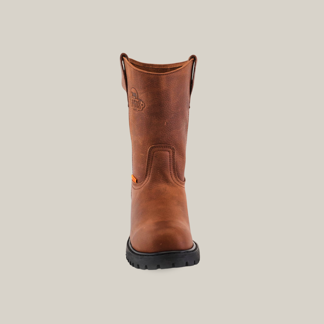 The Brandy Roper - Tractor Sole - Soft Toe boot, crafted from premium cowhide leather in a rugged brown texture, features a black tractor sole and pull tab. It is shown in side profile on a white background with a round toe design.