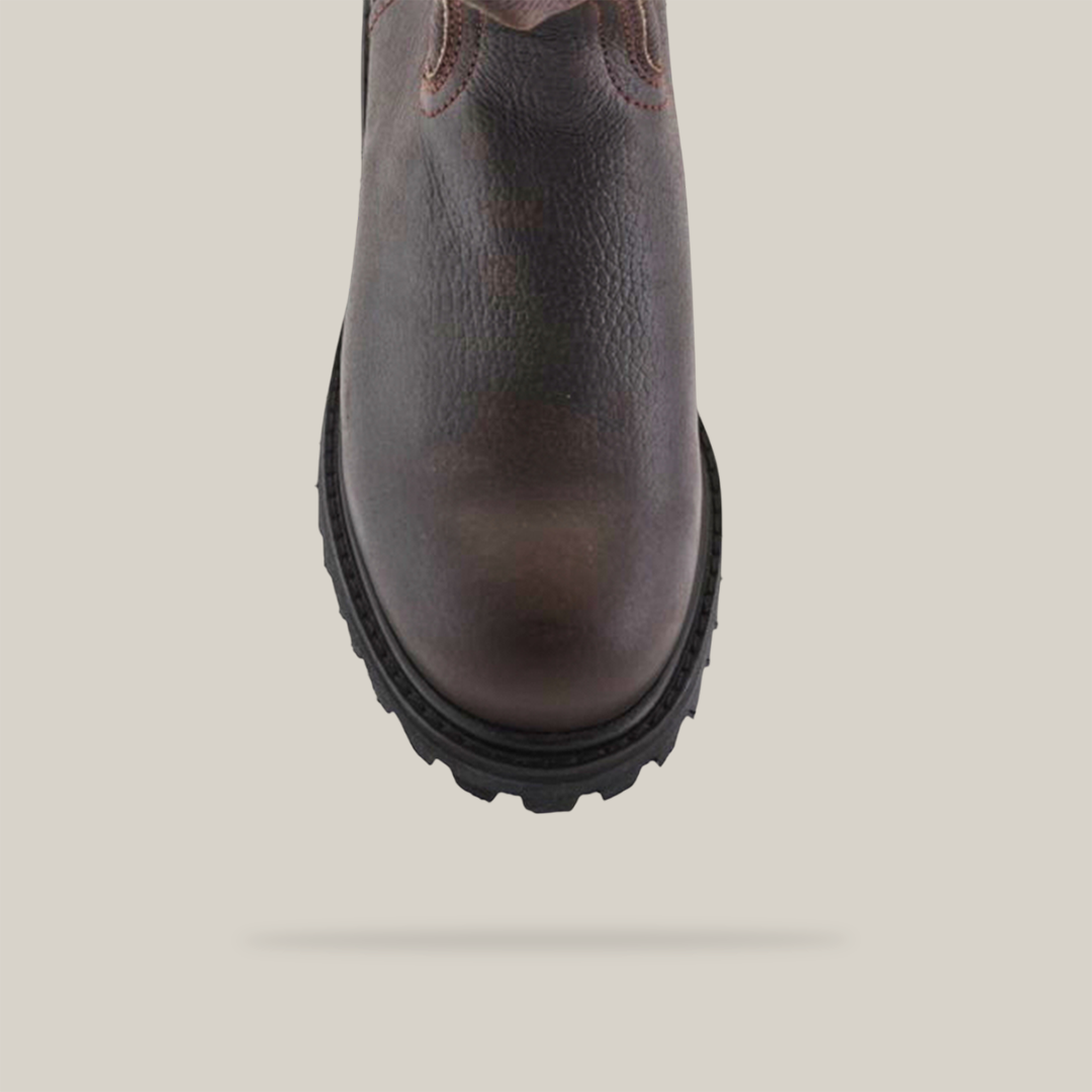 A pair of Brown Roper - Tractor Sole - Soft Toe boots is displayed, one facing forward and the other sideways. Crafted from premium dark brown cowhide leather, they feature pull tabs and a robust tractor sole with visible tread, set against a white background.