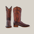 A pair of Exotic American Alligator - Herradura - Tabaco boots showcases intricate craftsmanship with dark brown leather featuring a textured alligator pattern. The shafts have a woven detail, and the boots display a square toe with one boot upright and the other angled to reveal the heel.