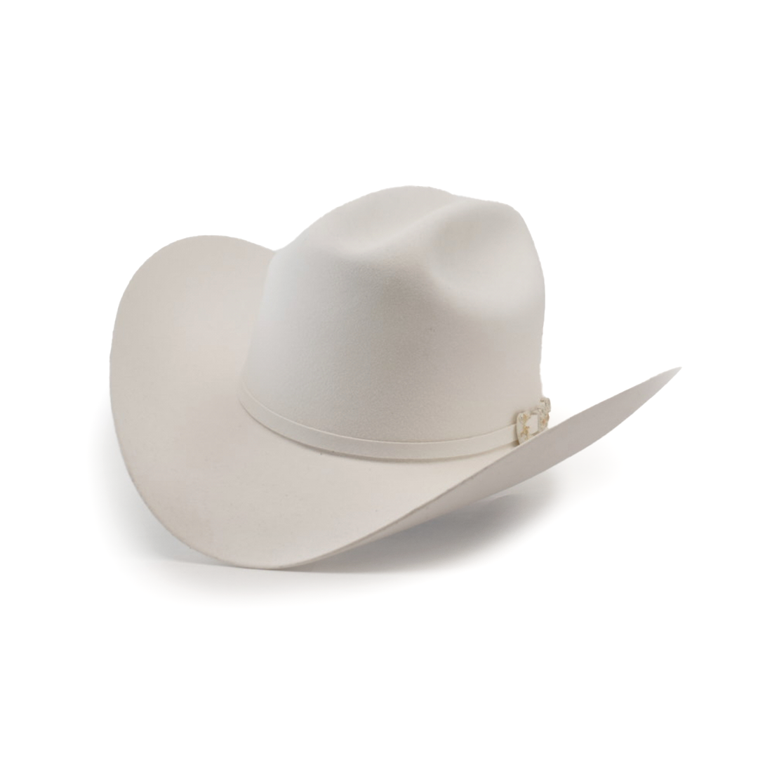 The 10X Jerarca White is a beige cowboy hat made from fine fur felt, featuring a wide brim and a decorative band around the crown. This classic western headwear, reminiscent of Larry Mahan 10X style, is presented against a plain white background.