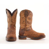 A pair of tan brown waterproof cowboy boots made from premium rough out leather, featuring intricate stitching and a soft square toe design. One boot is shown in side view, the other from the front, highlighting handcrafted excellence against a white background.