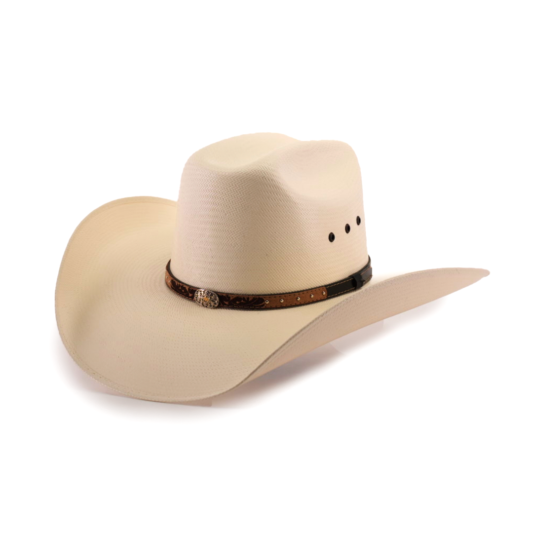 The 500X Bull Straw Hat is a beige cowboy hat offering Western elegance with a wide brim and a genuine leather band featuring decorative studs. The crown has a stylish dent, and the band includes a small metal embellishment on the side.