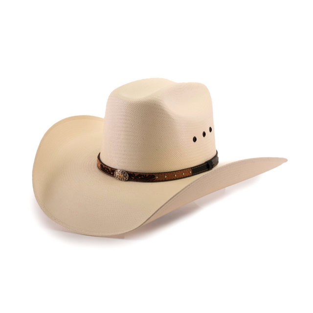 The 500X Bull Straw Hat is a beige cowboy hat offering Western elegance with a wide brim and a genuine leather band featuring decorative studs. The crown has a stylish dent, and the band includes a small metal embellishment on the side.