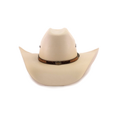 The 500X Bull Straw Hat embodies Western elegance with its wide brim and genuine leather band, highlighted by a metal concho around the crown, all seen from the front in classic white.