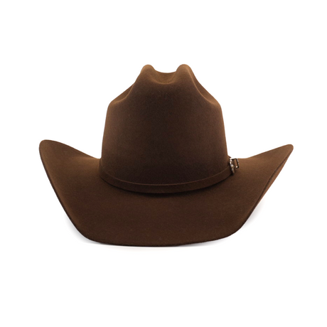 The 6X Leandro Brown cowboy hat, made from premium sheeps wool, showcases a curved brim and pinched crown, isolated on a white background.