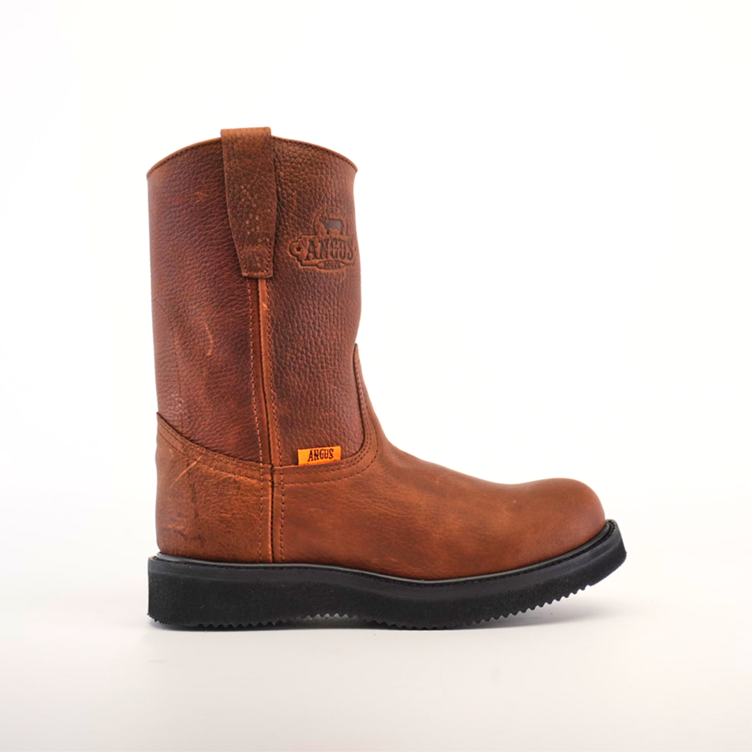 The Brandy Roper - Laredo Sole - Soft Toe Western boot features premium cowhide leather, a slip-on design with side pull tab, and the iconic Brandy Roper Laredo Sole. Its rugged texture and embossed logo near the top showcase classic bootmaking heritage.