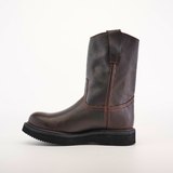 Against a plain white background, the Brown Roper - Laredo Sole - Soft Toe boot is shown in a side profile. This dark brown leather boot highlights exceptional craftsmanship with orange stitching, a pull tab at the top, and the classic black Laredo Sole.