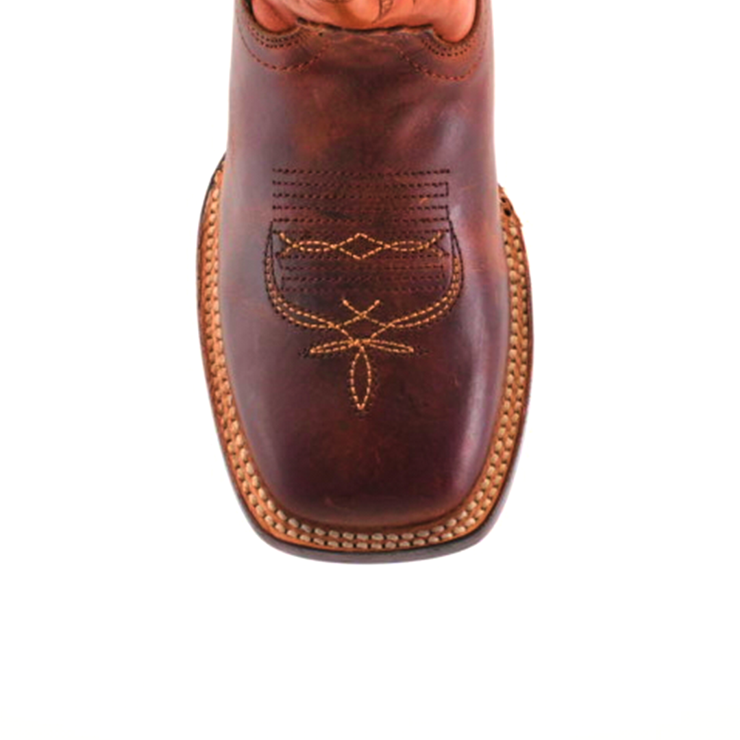 The Azkar Moka Square Toe cowboy boot features a brown leather top view with intricate orange stitching on the toe and a textured sole, showcasing superb craftsmanship and detailed embroidery.