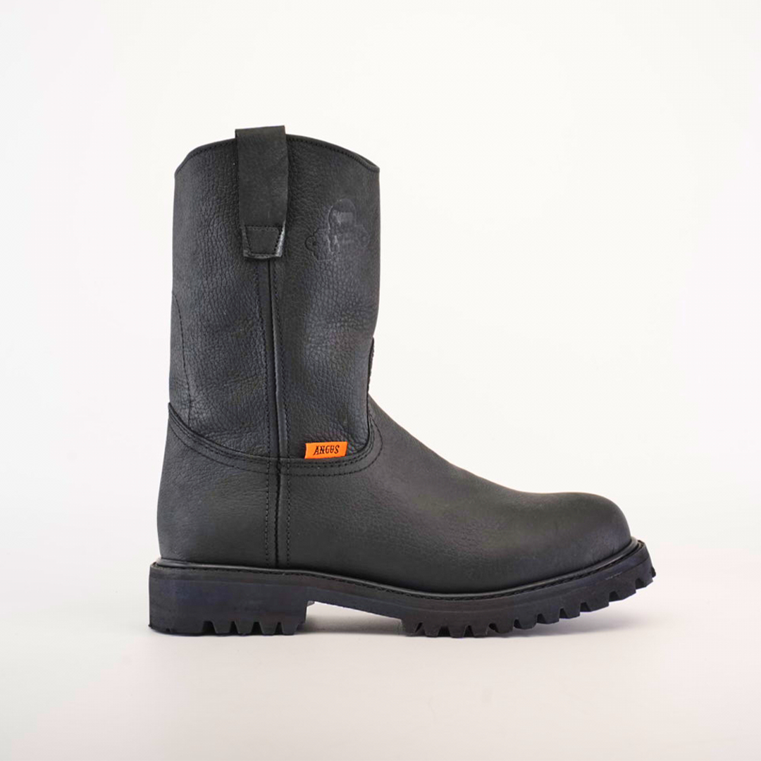 The Black Roper - Tractor Sole - Soft Toe boot, made from premium black leather cowhide, features a chunky Black Roper Tractor Sole, small orange heel tag, rounded toe, and sturdy construction. Shown in side view on a white background.