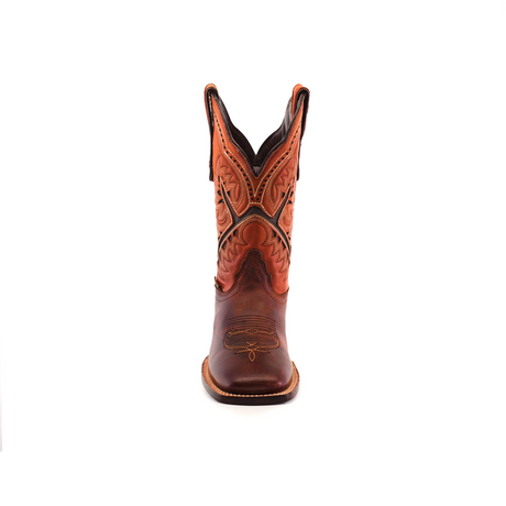 Positioned against a white background, the Azkar Moka Square Toe cowboy boot in brown features decorative stitching on the shaft and a square toe, crafted from premium materials with intricate patterns in darker leather tones.