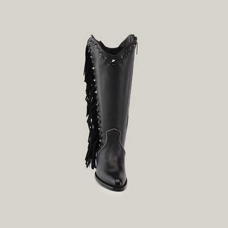 Introducing the Praga Fringe Tall Shaft Black - J Toe from our Platinum Collection, a premium black leather cowboy boot adorned with fringed sides and studded details. It features a pointed toe and decorative upper edge, strikingly displayed against a pristine white background.