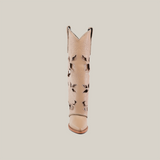 Front view of the Roma Flowers Tall Shaft Cream - J Toe cowboy boot in beige, featuring intricate cut-out floral patterns on the tall shaft, set against a plain white background.