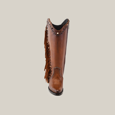 Introducing the Praga Fringe Tall Shaft Tan - J Toe, a cowboy boot made from high-quality leather with decorative fringe and studded embellishments along the top, showcased against a plain white background.