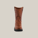 A single Brandy Roper - Tractor Sole - Composite Toe boot, made from premium brown cowhide leather, stands against a white background. Its pull-on design with two top loops showcases the handcrafted excellence of this product.