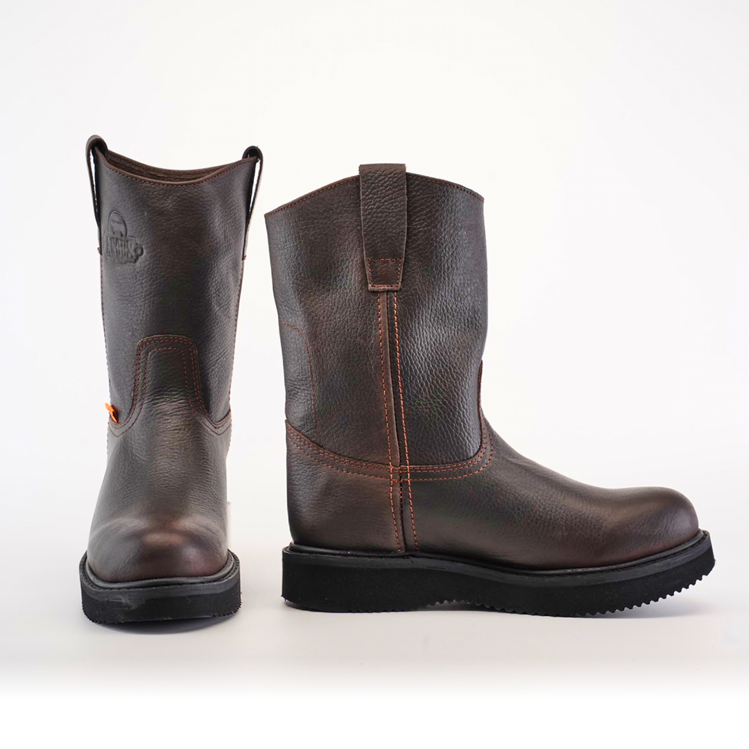 A pair of Brown Roper Laredo Sole - Soft Toe dark brown leather work boots, showcasing exceptional craftsmanship with a textured finish. One boot stands upright and the other is angled to highlight intricate stitching, made from premium cowhide against a plain white backdrop.