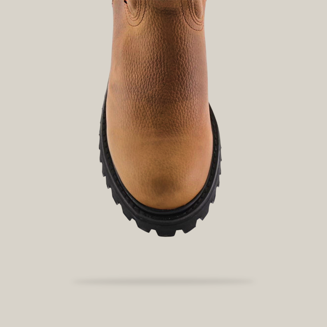 Front view of a Tan Roper boot with a black rugged sole providing excellent traction. Made from premium cowhide leather, this stylish and durable boot features a composite toe, set against a white background.