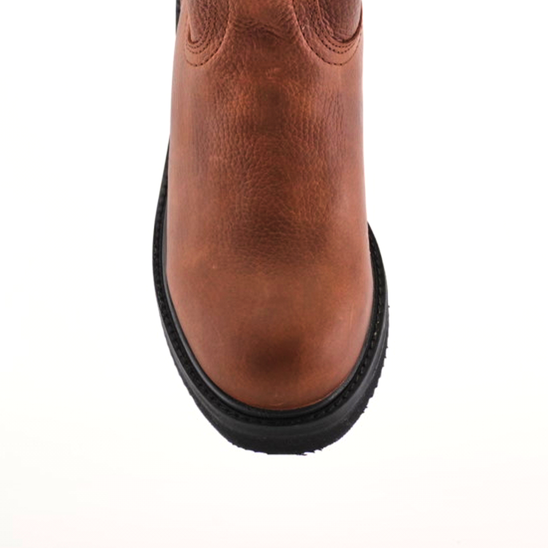 Top view of the Brandy Roper - Laredo Sole - Soft Toe brown leather boot, crafted from premium cowhide with visible stitching and a rounded toe. The black rubber sole contrasts against a white background, showcasing its Western bootmaking heritage beautifully.