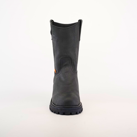 The Black Roper - Tractor Sole - Soft Toe is a black work boot with pull tabs, durable cowhide, and a rugged textured surface. The boot features the sturdy Black Roper Tractor Sole and is displayed against a white background.