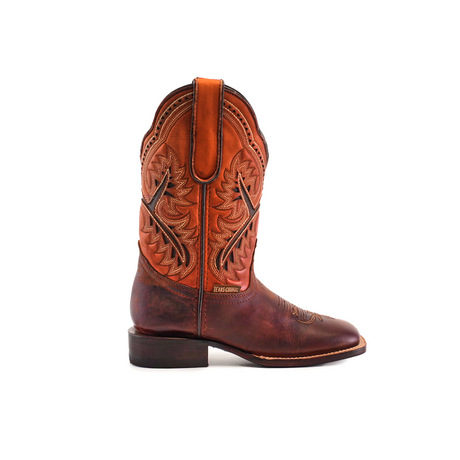 Azkar Moka Square Toes brown leather cowboy boot features intricate shaft embroidery, a sturdy dark low heel, and pull tab. Crafted from premium materials against a plain white background, its slightly pointed toe enhances its classic elegance.