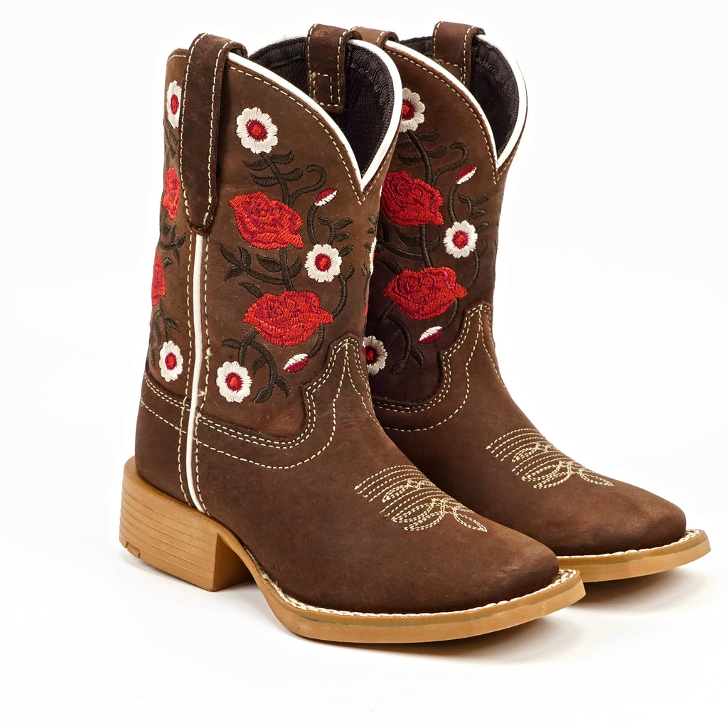 Kids Cowboy Boots - Brown Floral Shaft - Square Toe (TCK020)