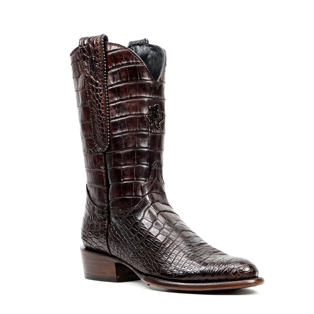 James Platinum Full Alligator Boots - Espresso Brown - Round Toe