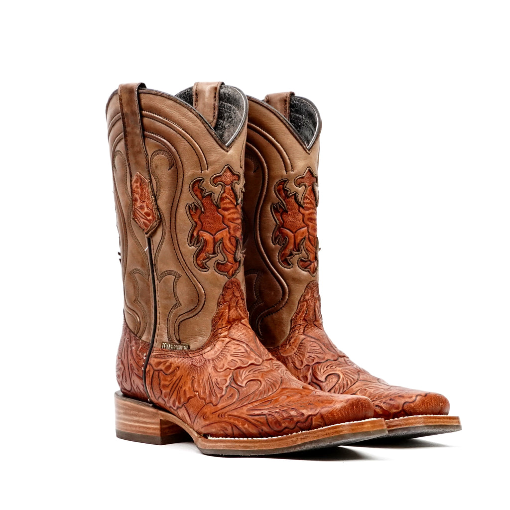 Hand-Tooled Floral Boots - Cognac - Rodeo Toe (E697)
