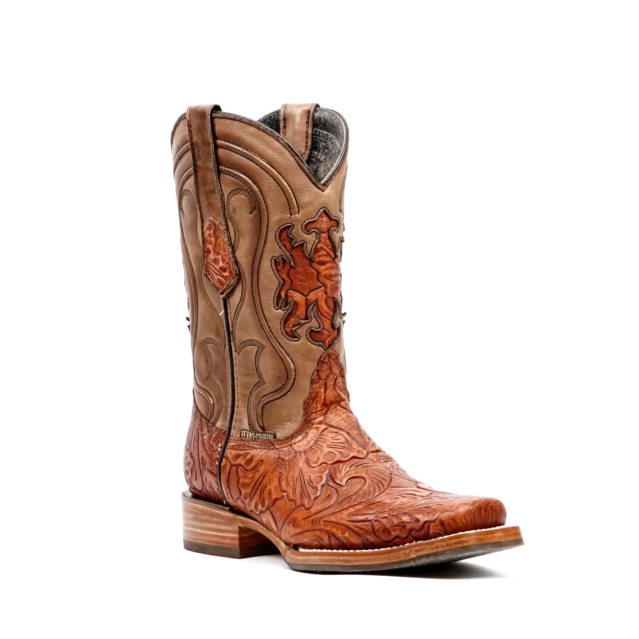 Hand-Tooled Floral Boots - Cognac - Rodeo Toe (E697)