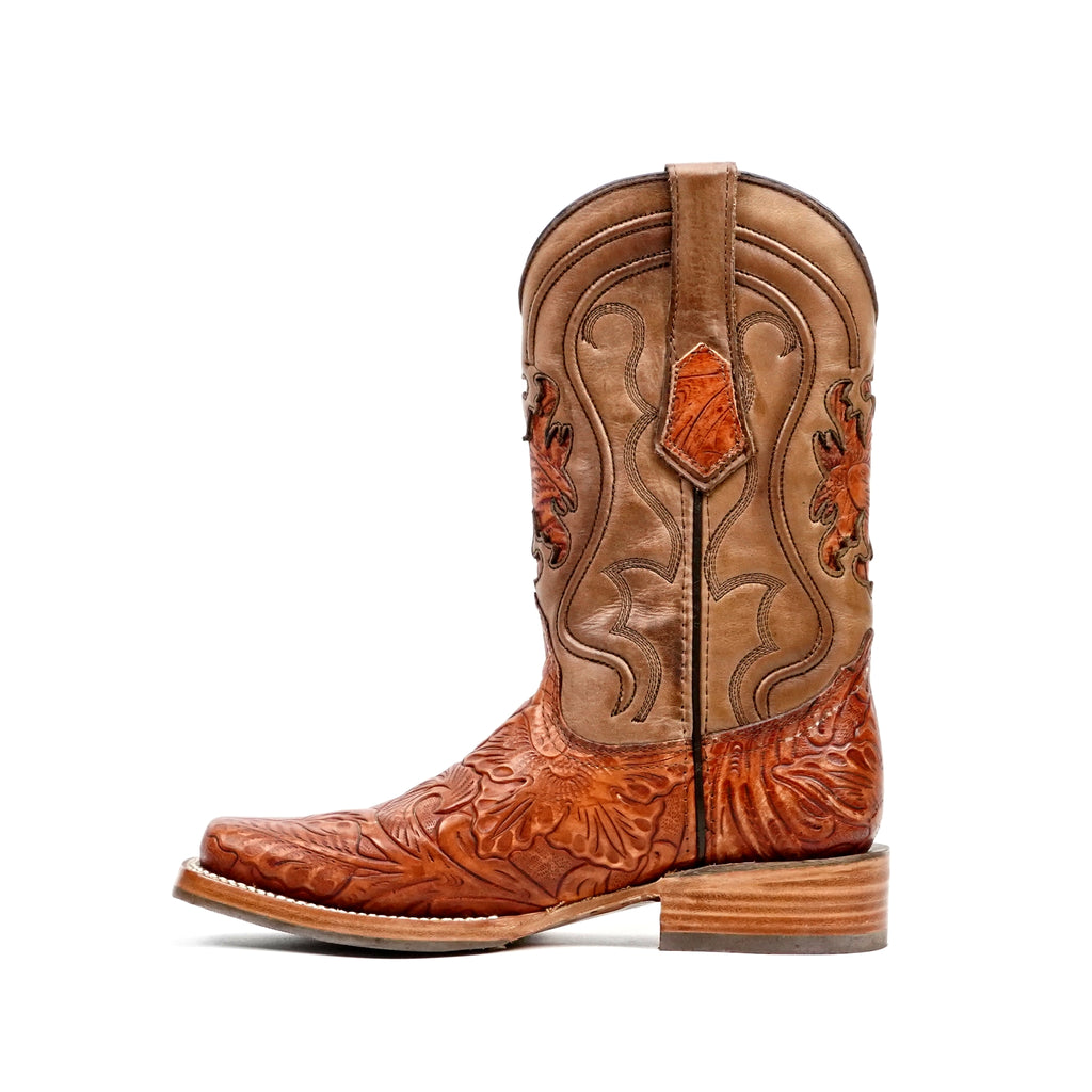 Hand-Tooled Floral Boots - Cognac - Rodeo Toe (E697)