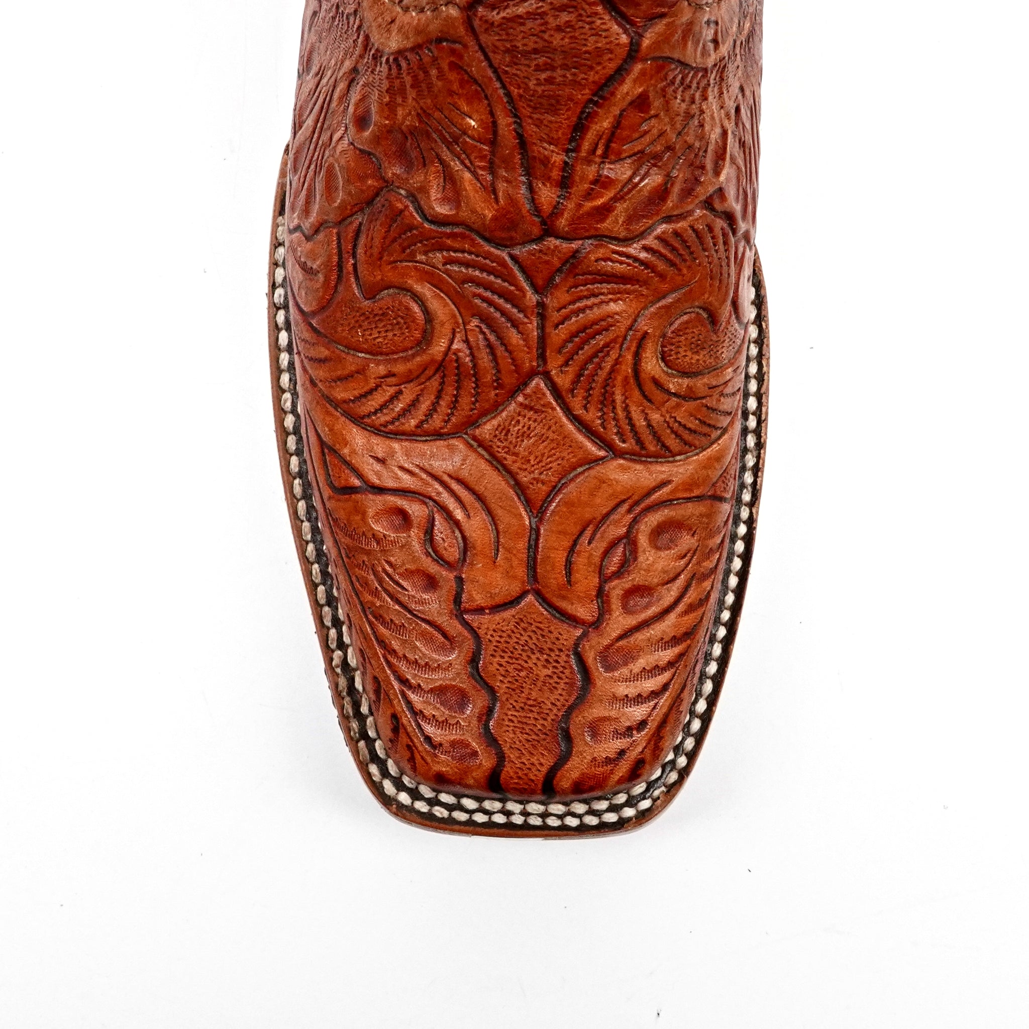 Hand-Tooled Floral Boots - Cognac - Rodeo Toe (E697)