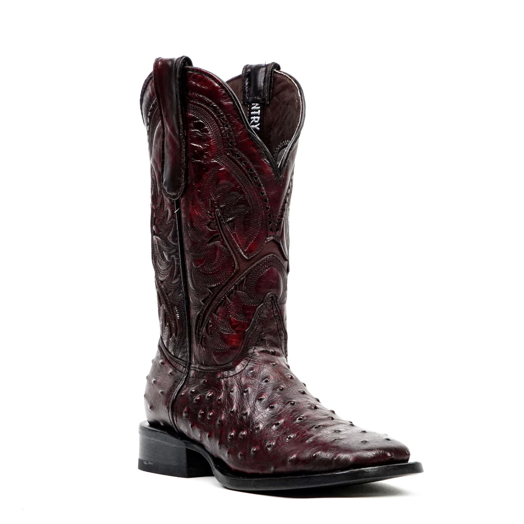 Ostrich Black Cherry Boots - Embossed Leather - Square Toe (E424)