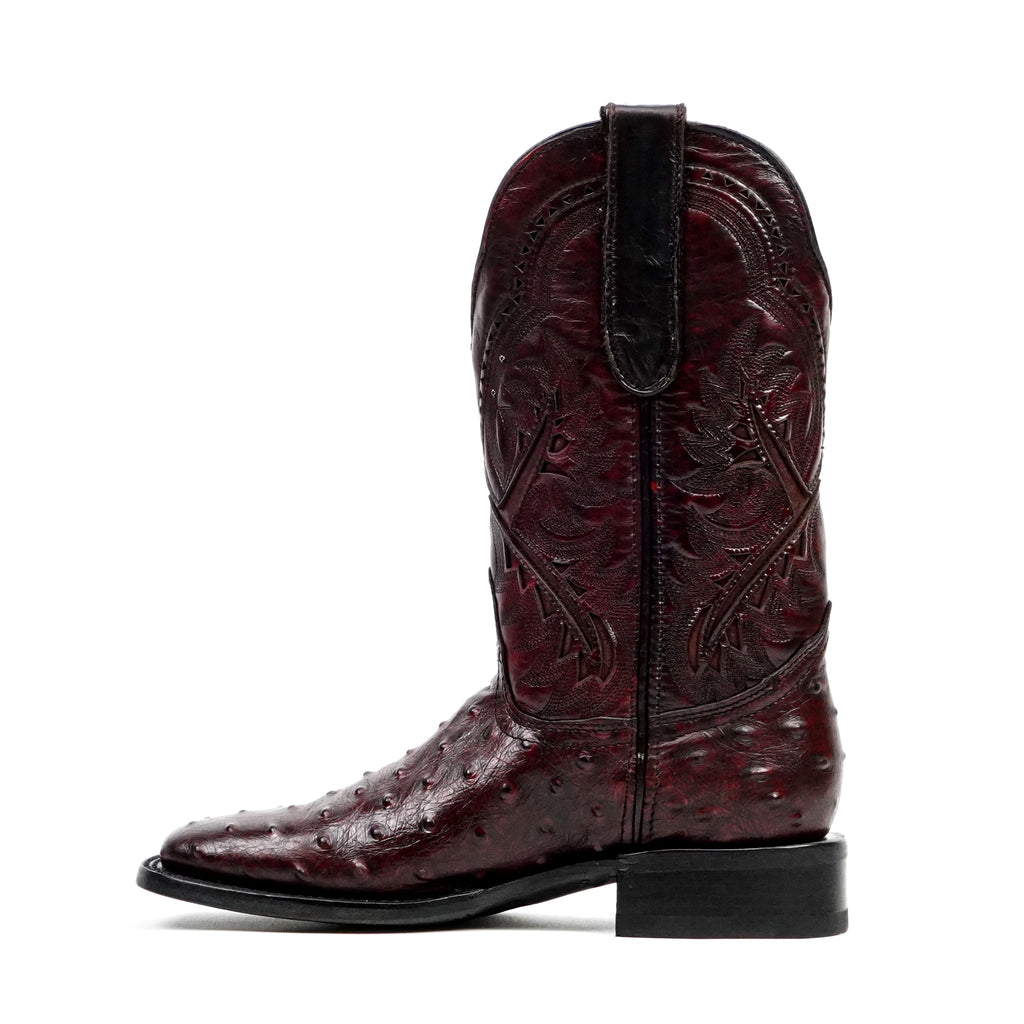 Ostrich Black Cherry Boots - Embossed Leather - Square Toe (E424)