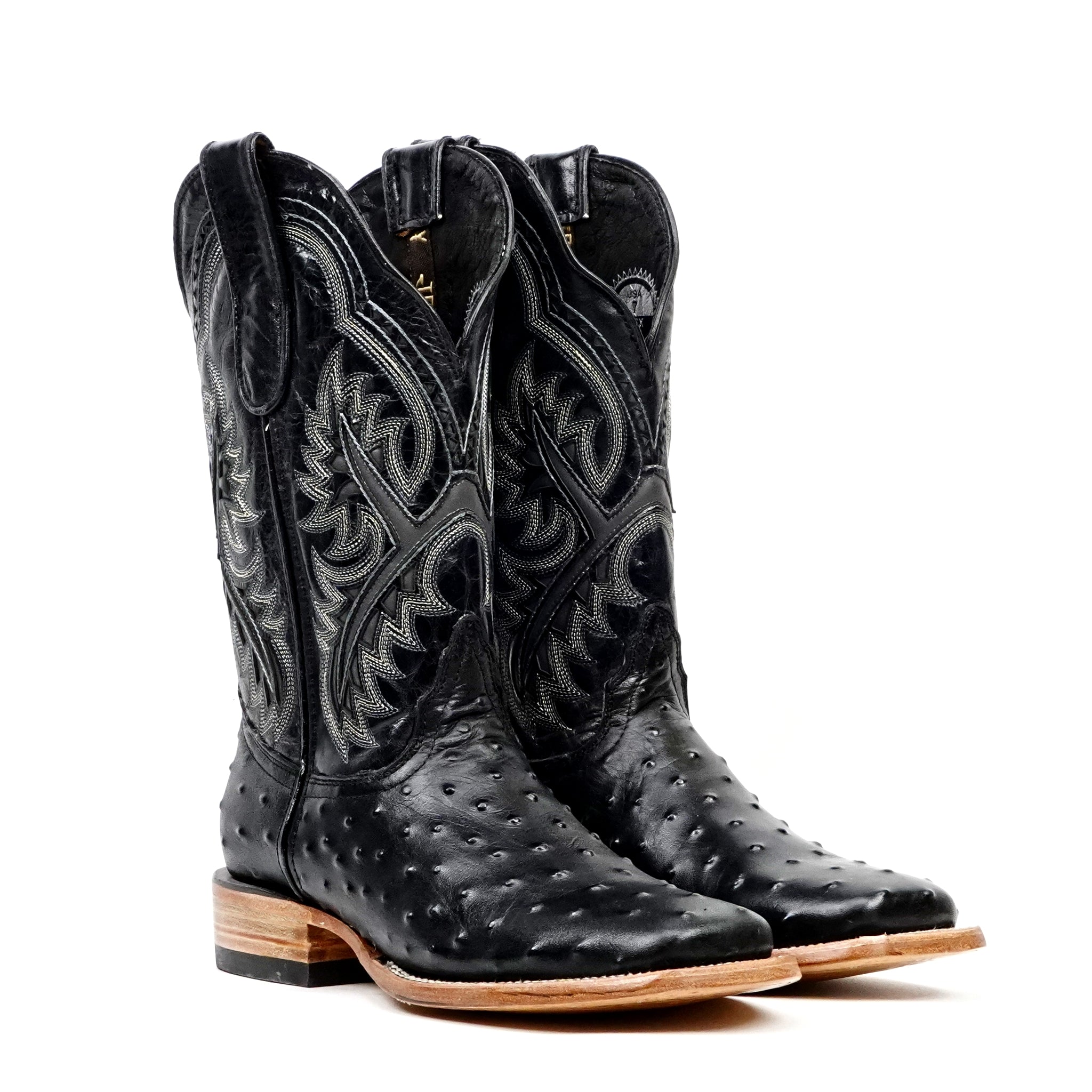 Ostrich Black Cowboy Boots - Embossed Leather - Square Toe (E424)