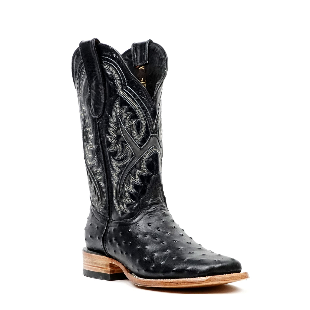 Ostrich Black Cowboy Boots - Embossed Leather - Square Toe (E424)