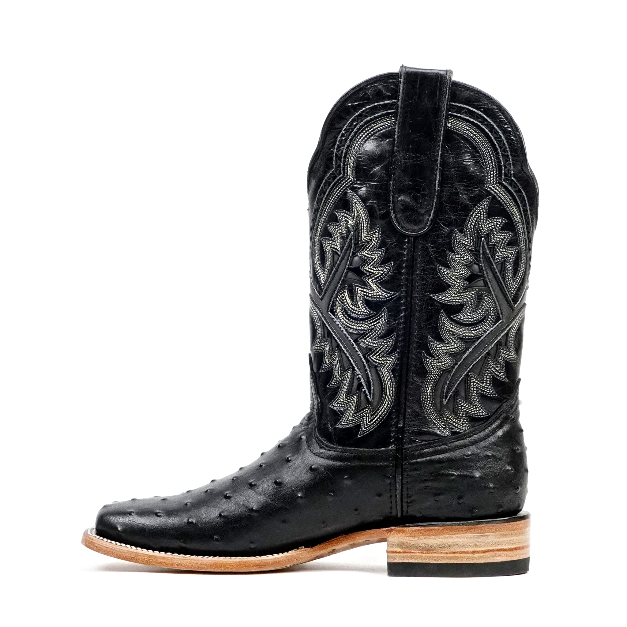 Ostrich Black Cowboy Boots - Embossed Leather - Square Toe (E424)