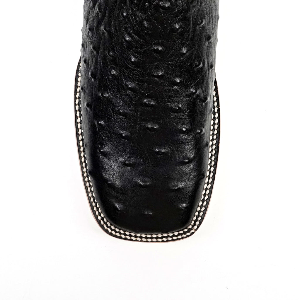 Ostrich Black Cowboy Boots - Embossed Leather - Square Toe (E424)