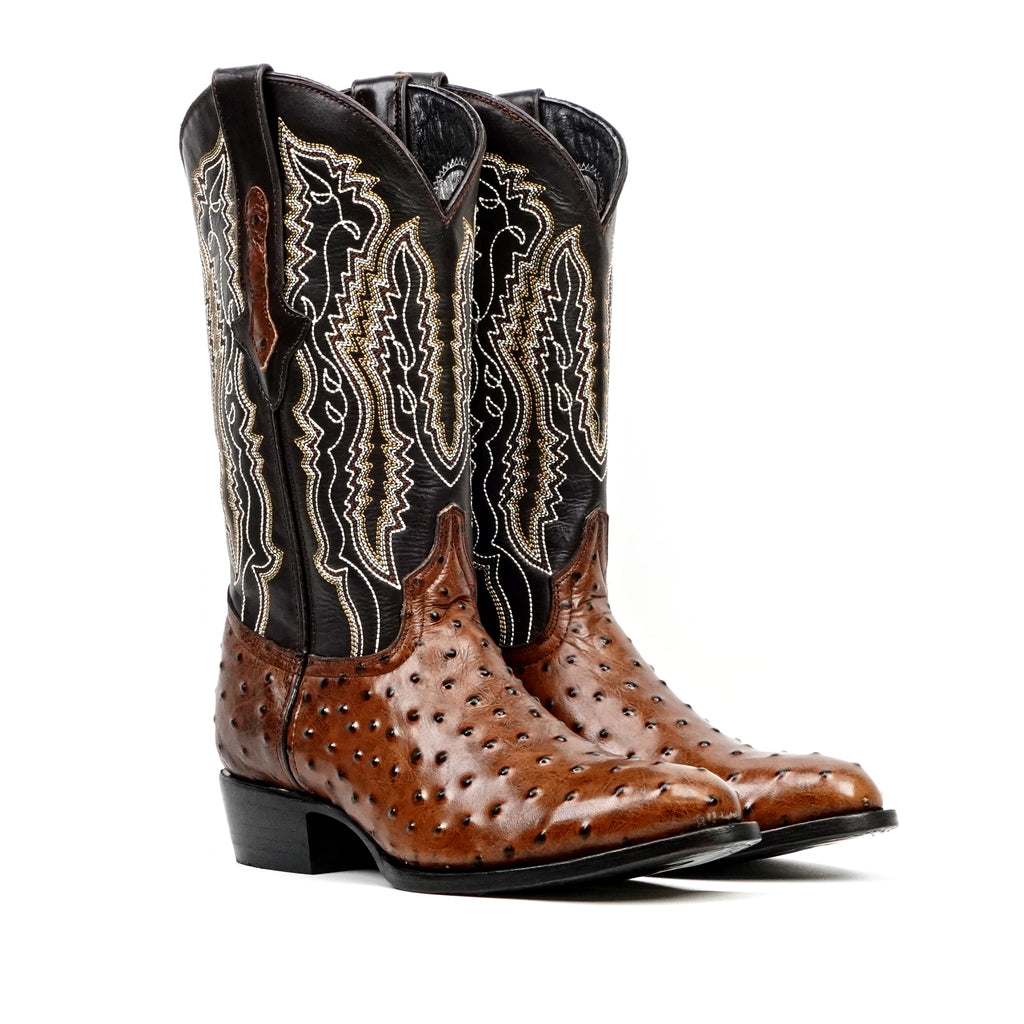 Ostrich Chocolate Boots - Embossed Leather - Round Toe (E436)