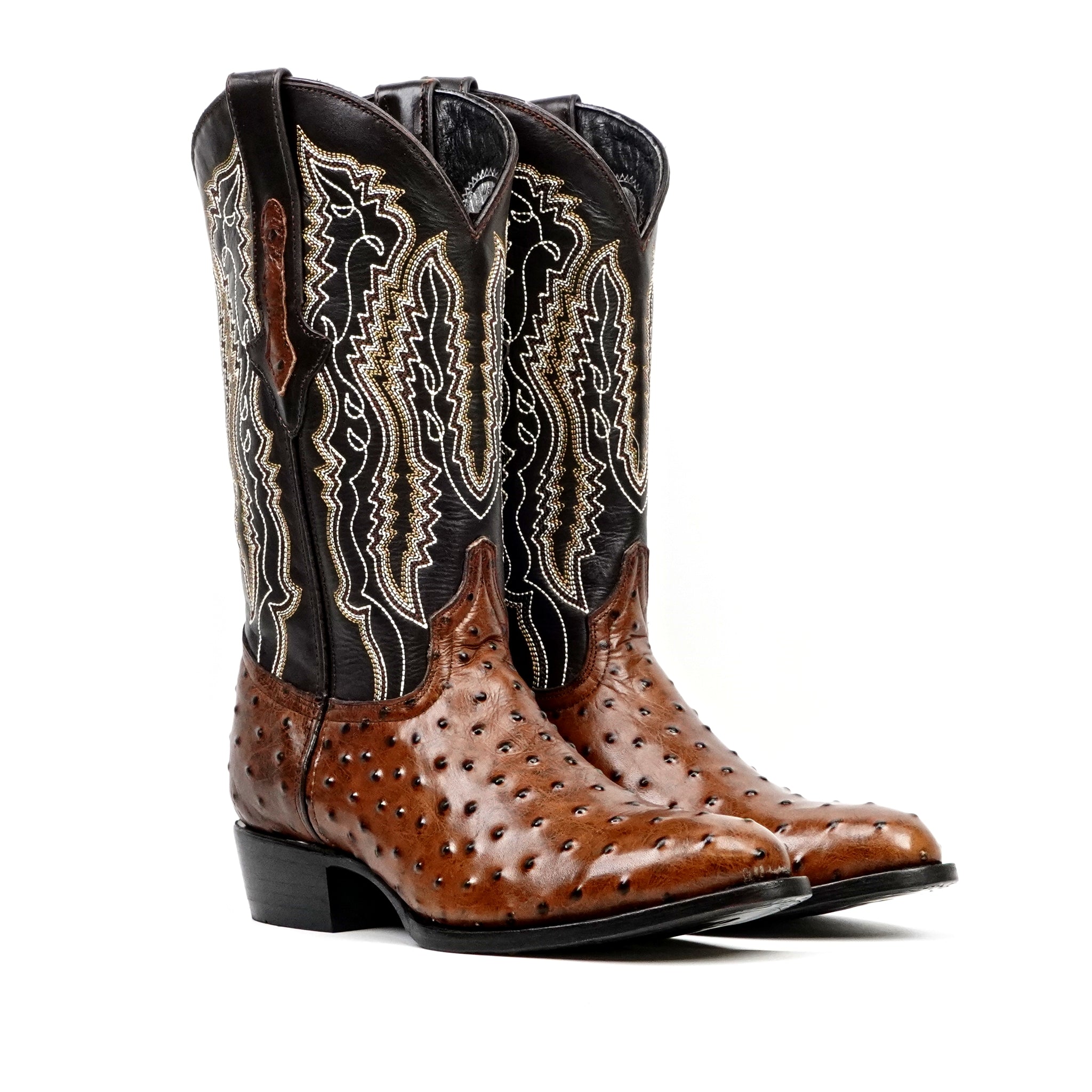 Ostrich Chocolate Boots - Embossed Leather - Round Toe (E436)