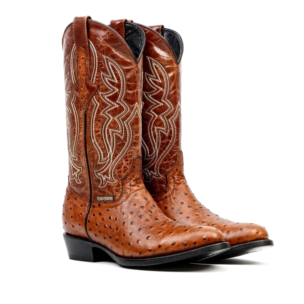 Ostrich Cognac Boots - Embossed Leather - Round Toe (E436)