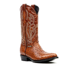 Ostrich Cognac Boots - Embossed Leather - Round Toe (E436)