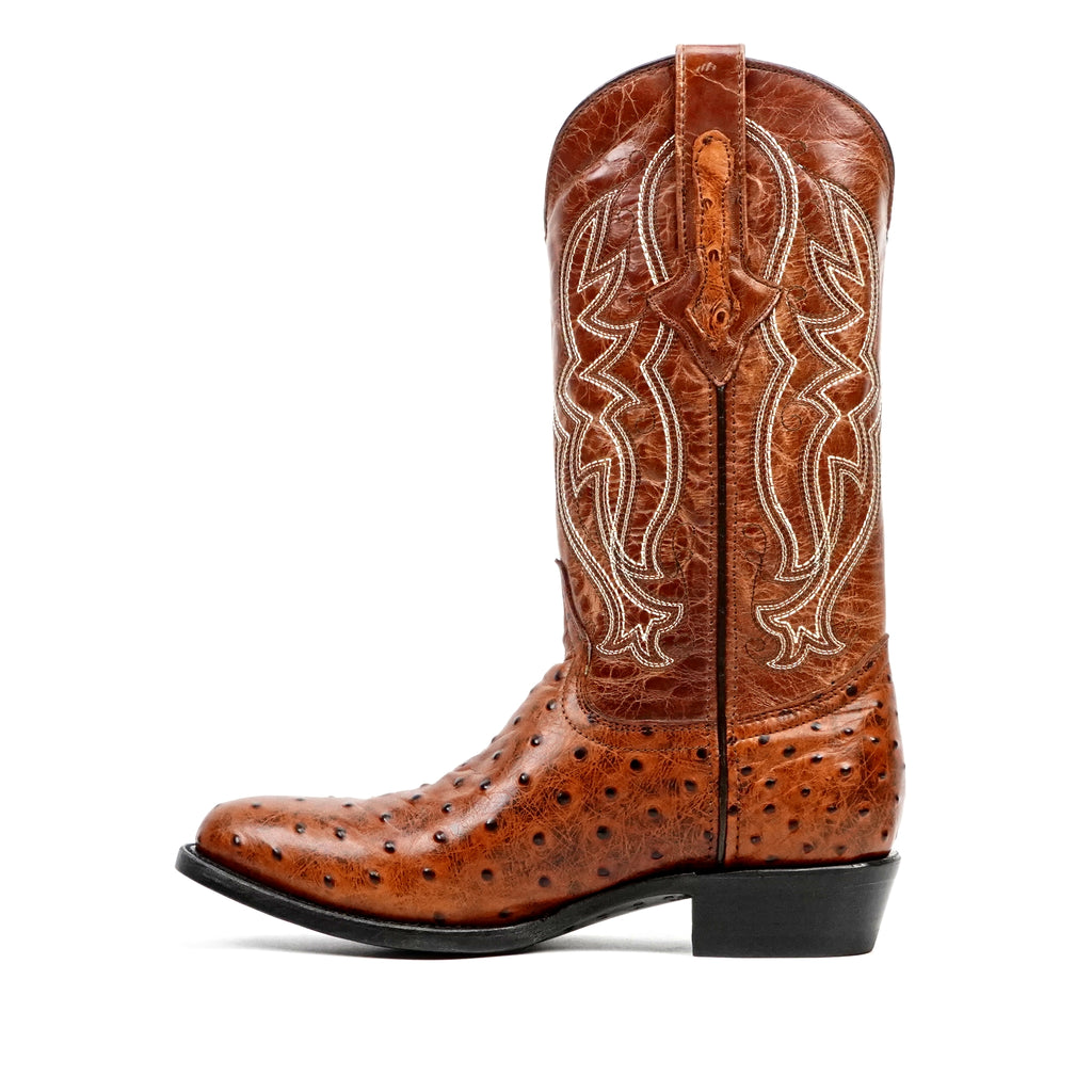 Ostrich Cognac Boots - Embossed Leather - Round Toe (E436)