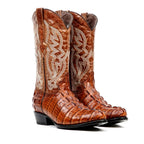 Crocodile Tail Cognac Boots - Embossed Leather - Round Toe (E437)
