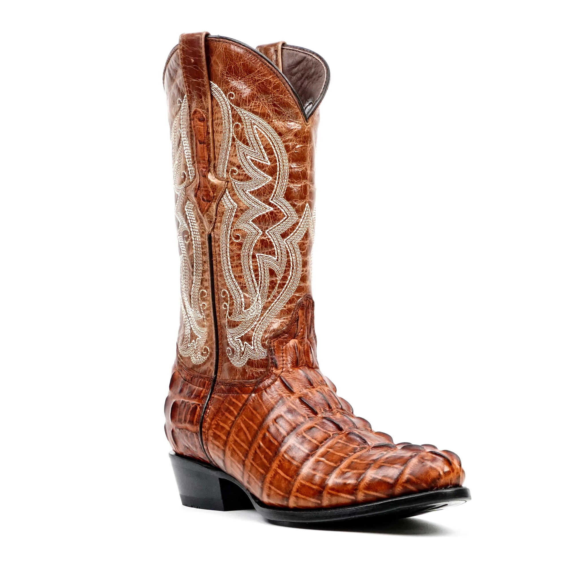 Crocodile Tail Cognac Boots - Embossed Leather - Round Toe (E437)